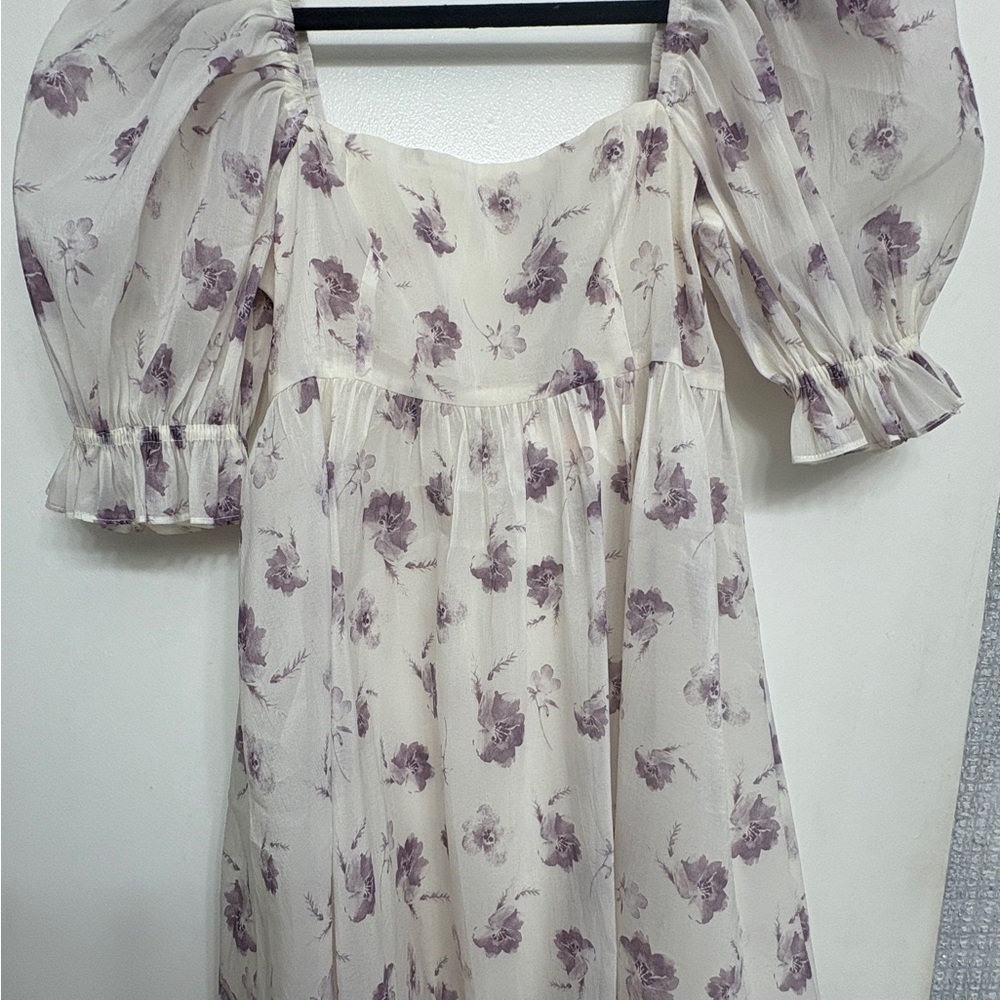 NEW! Jacquie The Label: Cream Dress with Lavender Floral Print and Puff Sleeves